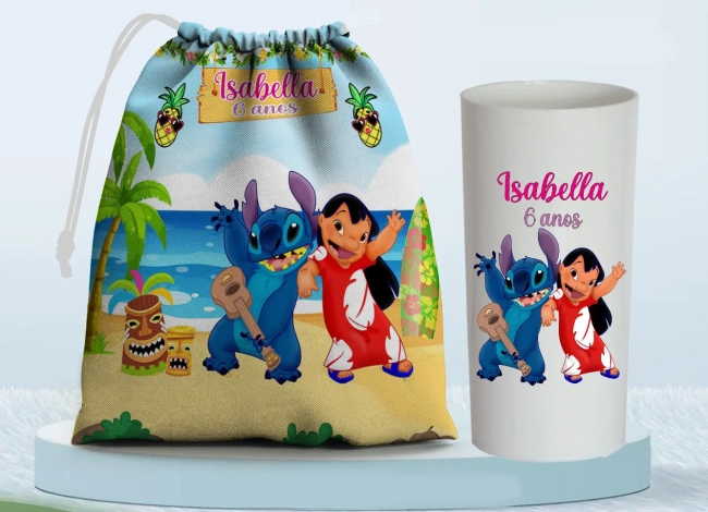 Kit Saquinho Surpresa e Copo Long Drink PersonalizadoLillo eSticth