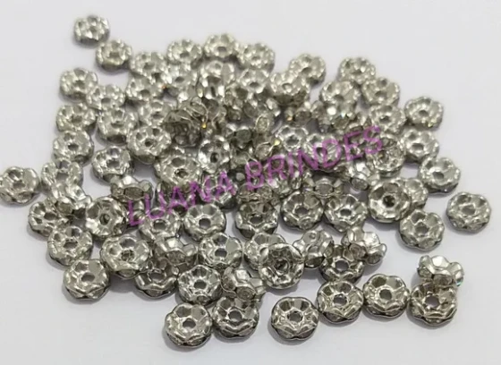 Rondela de Metal Prateado com Strass - 6mm - pct com 12 unid