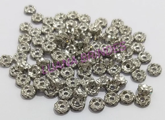 Rondela de Metal Prateado com Strass - 6mm - pct com 12 unid
