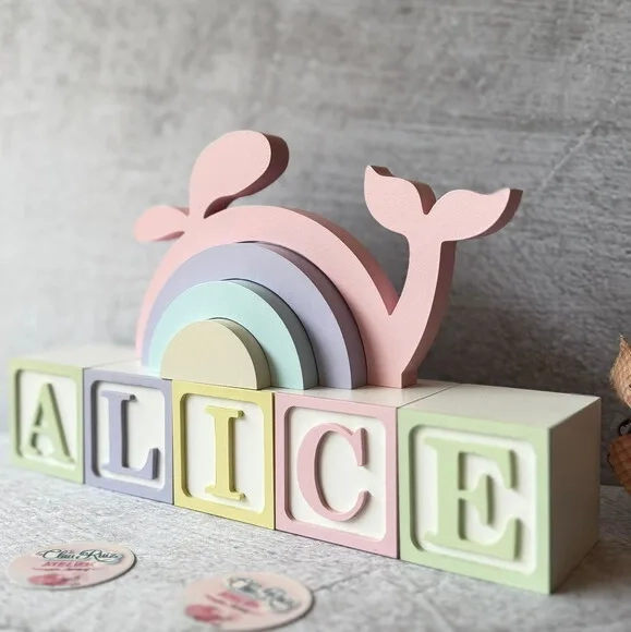 Baleia + Cubos 6x6cm Ts Decoração Bebê Fundo do Mar