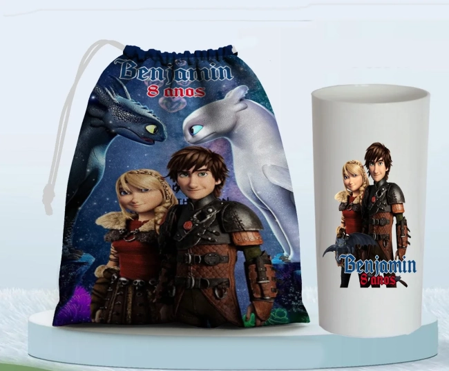 Kit Saquinho Surpresa e Copo Long Drink Personalizado Como Treinar o seu Dragão