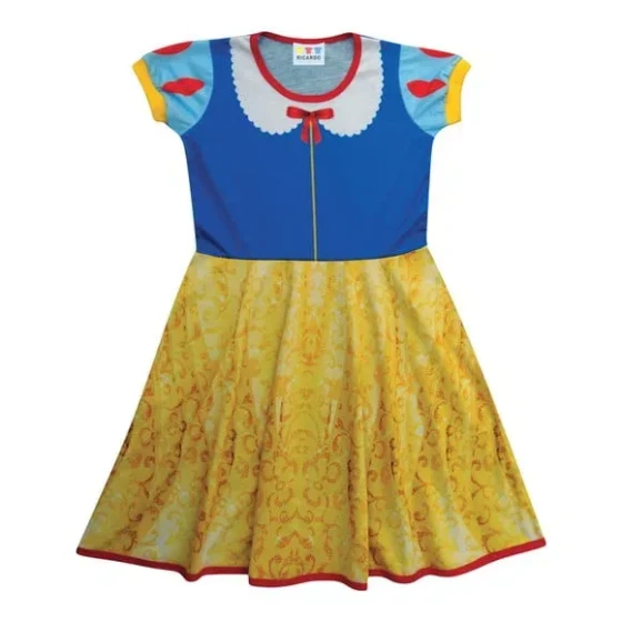 Vestido Infantil Fantasia Princesa Clássica Azul e Amarelo com Laço Vermelho
