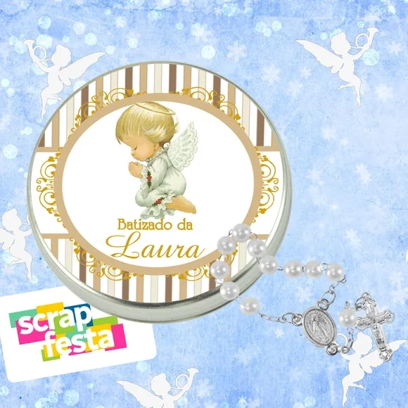Latinhas Personalizadas Festa Batizado + Mini Terço Branco