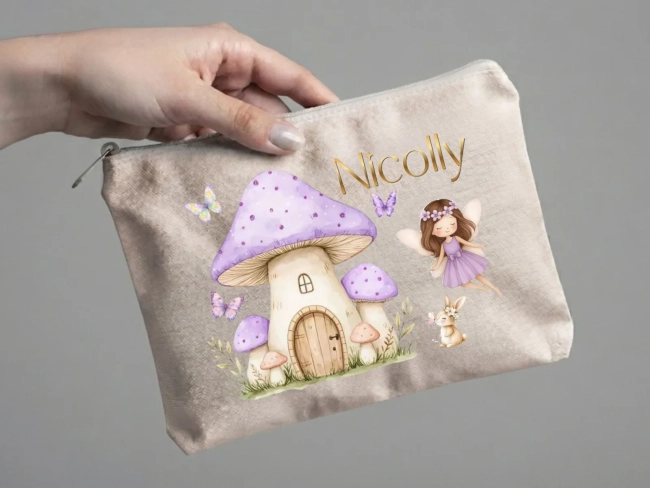 Lembrancinha Nécessaire Personalizada Algodão Cru 20x15 Estampa DTF Fada Lilás