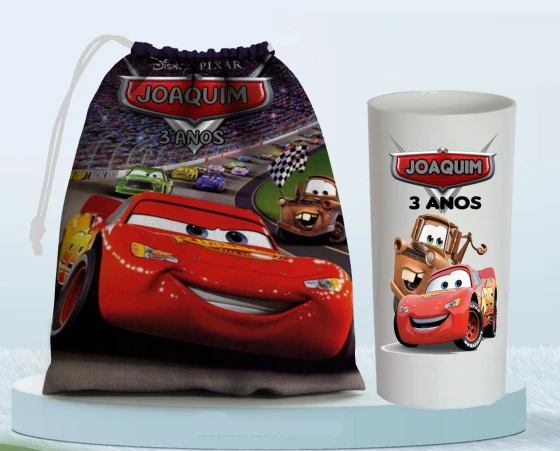 Kit Saquinho Surpresa e Copo Long Drink Personalizado Carros Disney