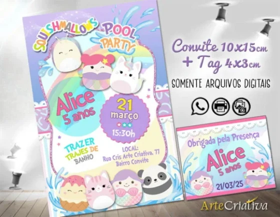 Convite Digital C/tag Pool Party Squishmallows
