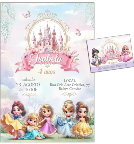Convite Digital C/tag Princesas Disney Aquarela