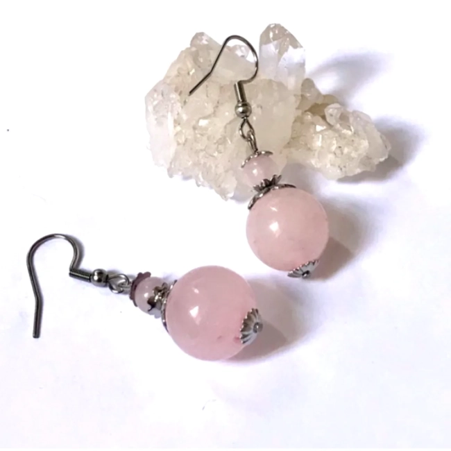 Brinco Pedra Quartzo Rosa Duas Esferas e Aço Inox