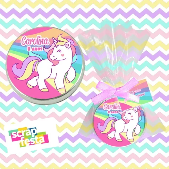 Latinha, Saquinho, Fitinha e Tag Personalizada Unicórnio