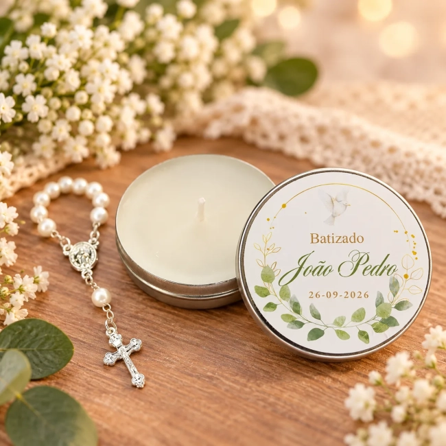 36 unidades Lembrancinha Batizado Vela Aromática na Latinha com Terço e Saco do Organza - Trabalhamos com qualquer tema - Informar o tema no chat