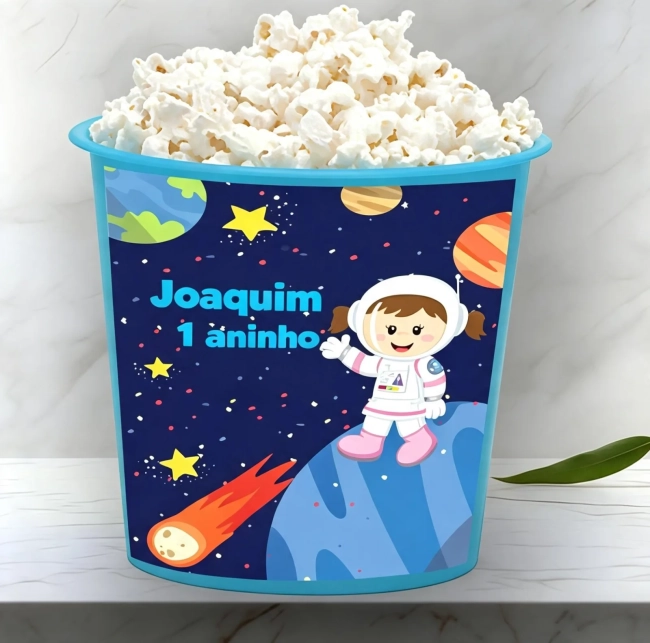 Balde de Pipoca Personalizada para lembrancinhas Astronauta