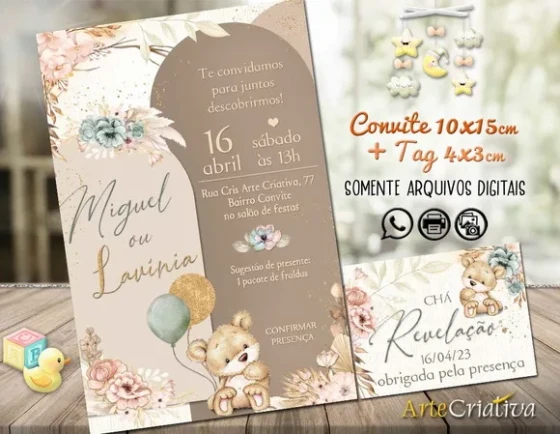 Convite Digital C/tag Chá de Bebê Revelação Boho
