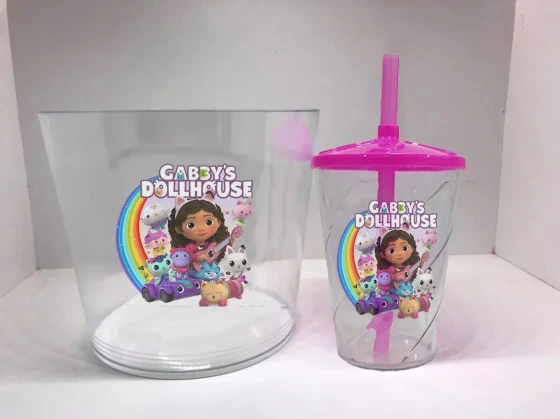 Kit Balde de Pipoca acrilico + Copo twister Personalizado Casa Mágica da Gabby