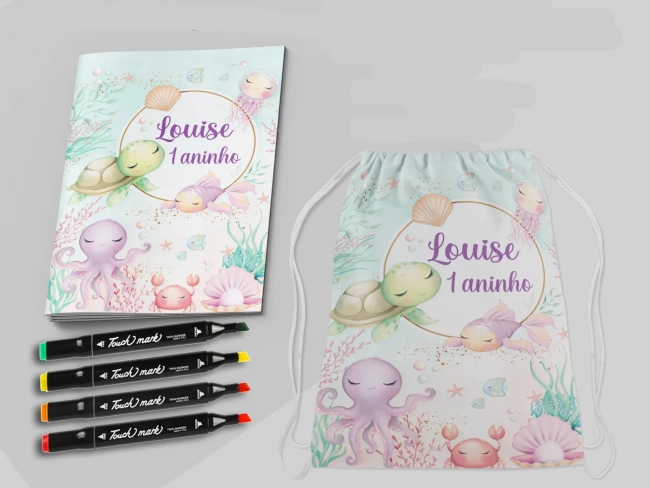 Kit Mochila e Revista de colorir com Canetinhas do Fundo do Mar