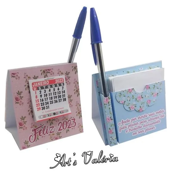 Mini Calendário de Mesa com Bloquinho e Caneta