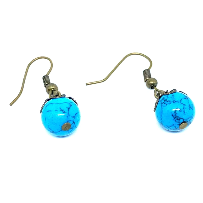 Brinco Vintage Ouro Velho Esfera Turquesa Reconstituída 10mm