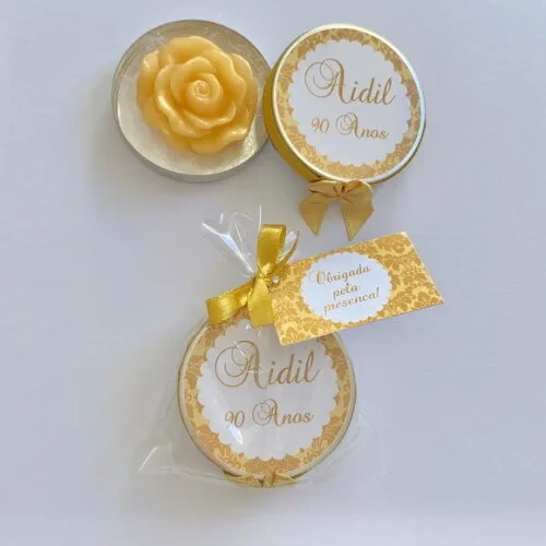 Lembrancinha 90 Anos latinha sabonete de rosa dourado