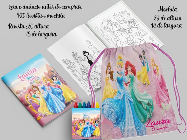 Kit Lembrancinhas Mochila e Revista de Colorir das Princesas Disney