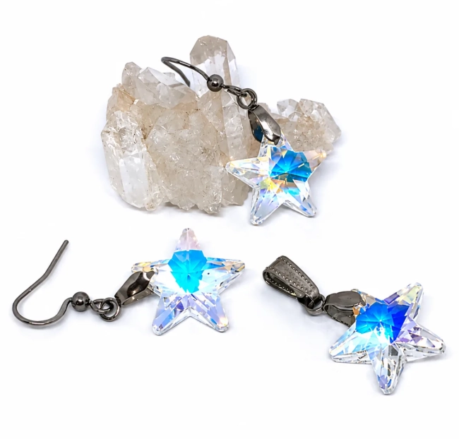 Conjunto Brinco e Pingente Estrela de Cristal AB Aço Inoxidável Antialérgico