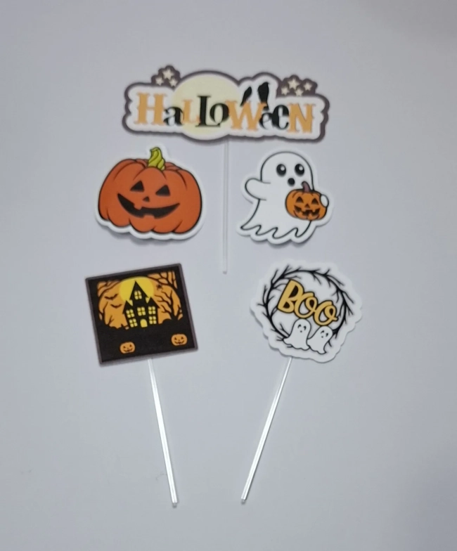 Topo de bolo + 30 topper de docinhos + 18 adesivos de Halloween