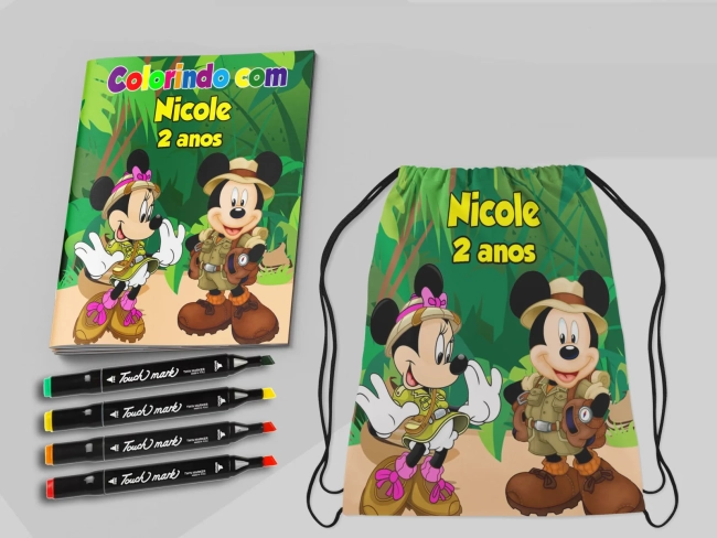 Kit Mochila e Revista de colorir com Canetinhas Minnie e Mickey Safari