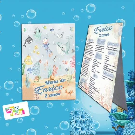Menu Cardápio Cavalete Festa Fundo do Mar Aquarela