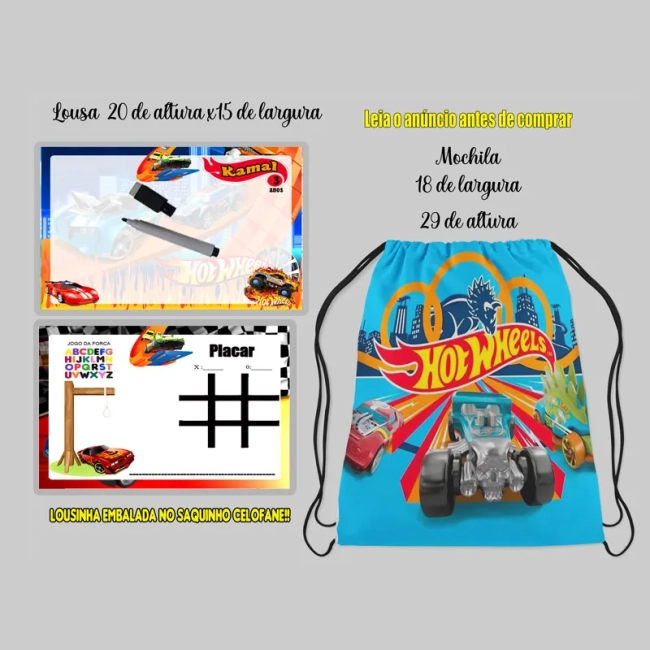 Kit Mochilinha e Lousa Magica Personalizada lembrancinhas da Hot Wheels