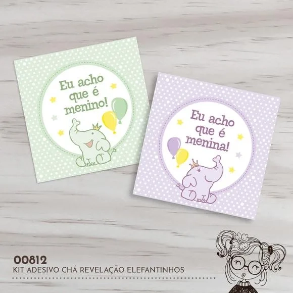 Kit Adesivos Quadrados Chá Revelação Elefantinhos - 00812