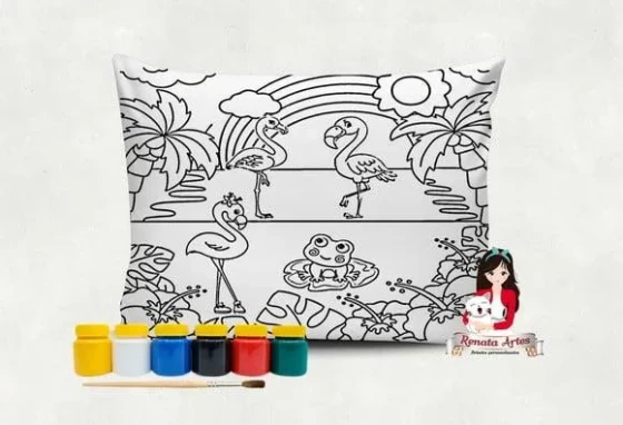 Almofada com Tinta para Colorir Flamingos