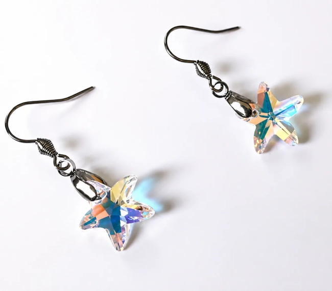 Conjunto Brinco e Pingente estrela do mar de Cristal Aço Inox Hipoalergênico