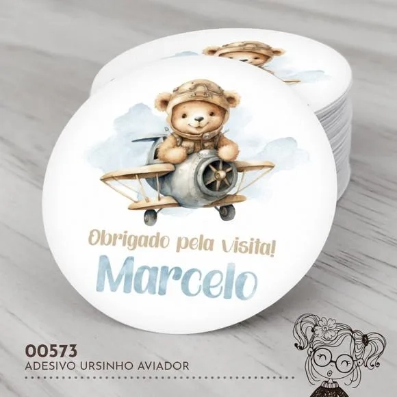 Adesivo Redondo Ursinho Aviador - 00573