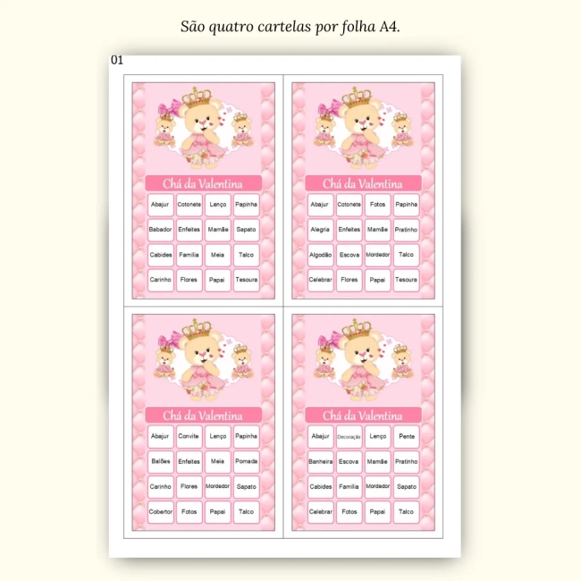 Bingo Chá de Bebê Menina Pdf Para Imprimir