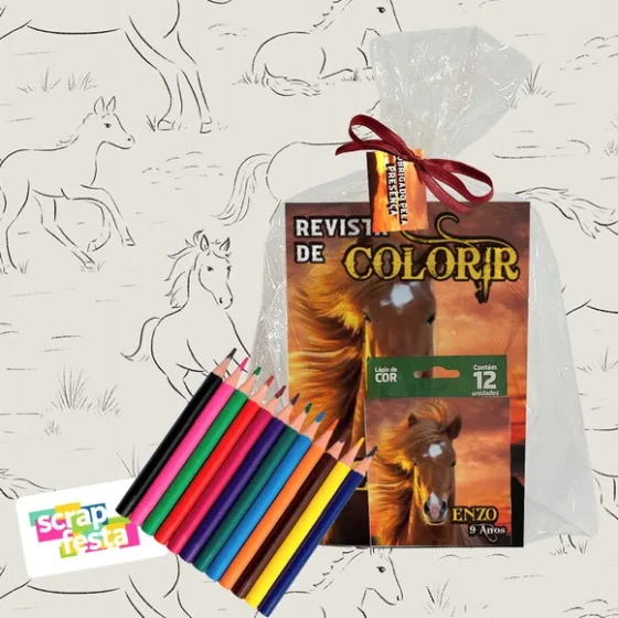 Revista Colorir+embalagem+lápis de Cor Cavalos