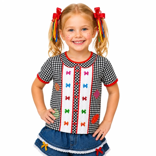 Camiseta Infantil Fantasia Festa Junina Caipira Xadrez com Lacinhos e Remendos