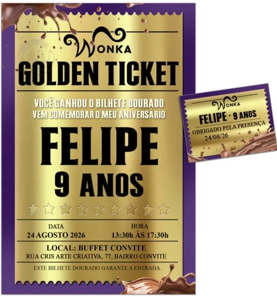 Convite Digital C/tag Bilhete Dourado Wonka