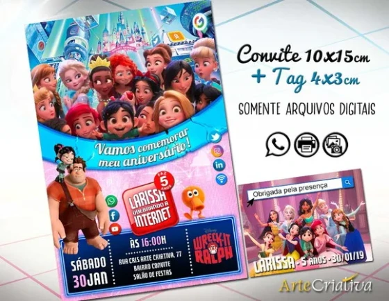 CONVITE DIGITAL C/TAG Detona Ralph Wifi com Princesas 2