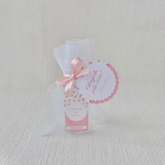 Lembrancinha Maternidade Home Spray floral rosa Organza