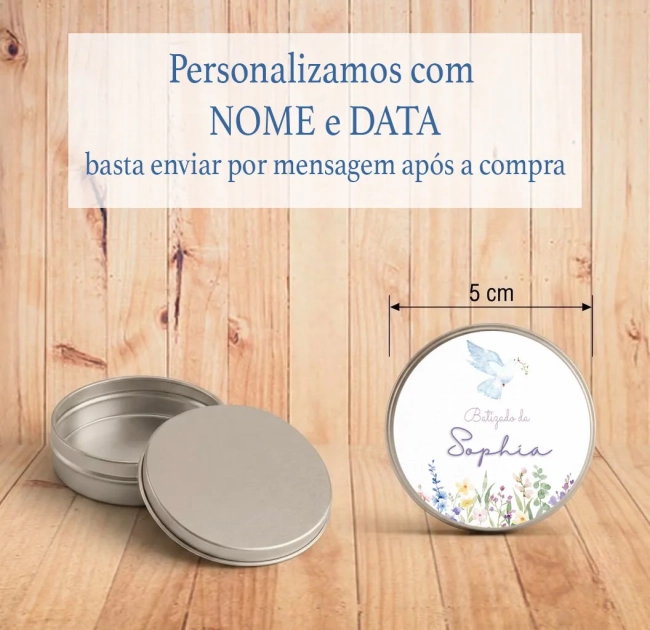 Latinha com mini terço lembrança batizado