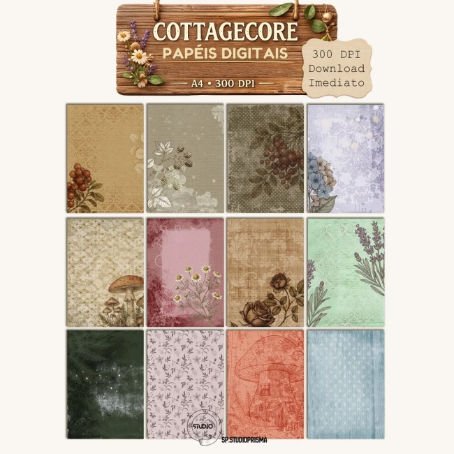 Papéis Digitais Cottagecore – Kit com 12 Papéis A4 para Junk Journal e Scrapbook