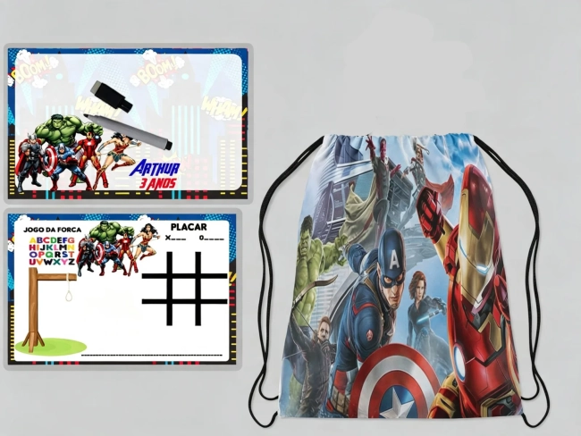 Kit Mochilinha e Lousa Magica para festa de aniversario dos Vingadores