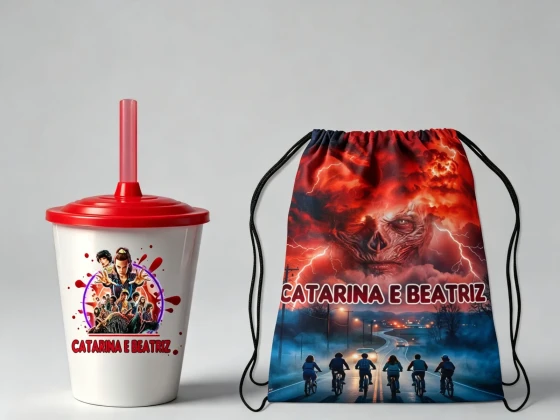 Kit Mochila e Copo Twister personalizado do Stranger Things
