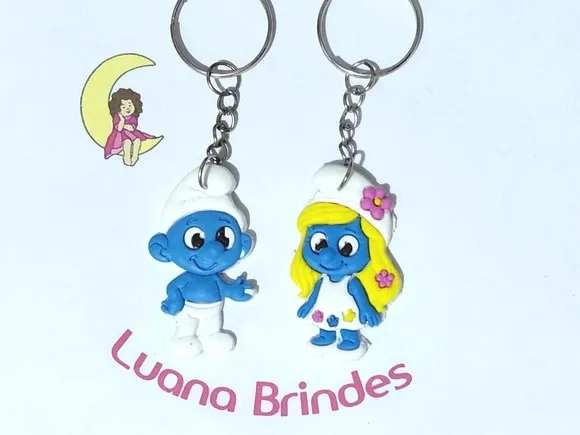 Chaveiro Smurf e Smurfette Emborrachado Pacote com 6 Unidade