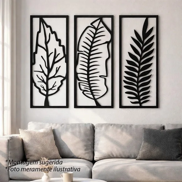 Trio Quadros Decorativos Vazados Folhagem Tropical 3d Preto