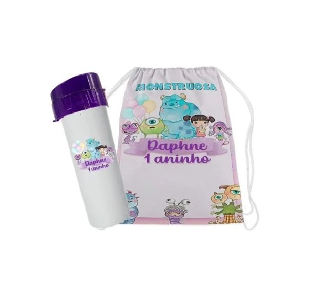 kit mochilinha e Garrafinha tema Monstros SA