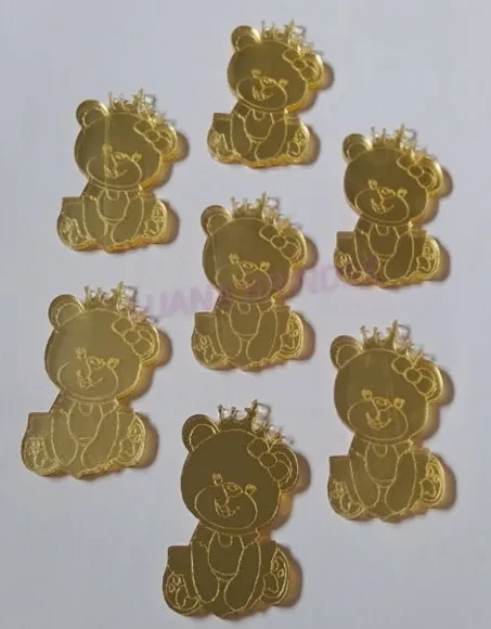 Aplique Ursinha em Acrílico Espelhado Dourado - Pct C/6 Unid