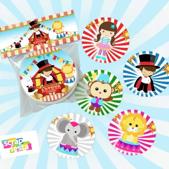 Latinha com Jogo da Memória, Saquinho e Lapela Festa Circo