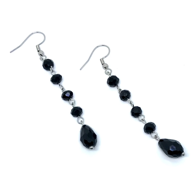 Brinco em Aço Inoxidável com Cristal Flat e Gota de Cristal Negro Facetado