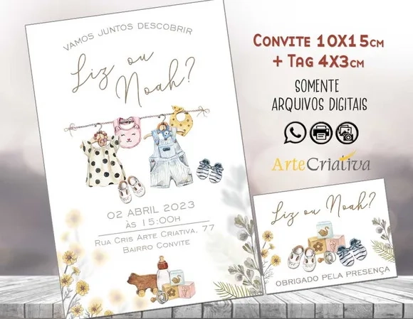 Convite Digital C/tag Chá de Bebê Revelação Boho