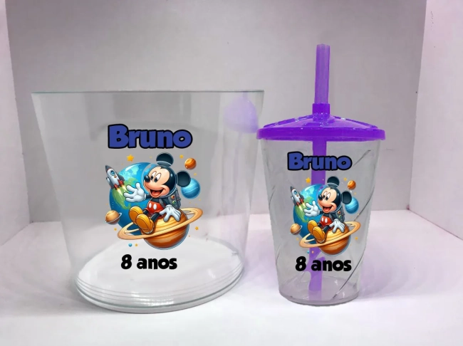 Kit Balde de Pipoca acrilico + Copo twister Personalizado Mickey Astronauta