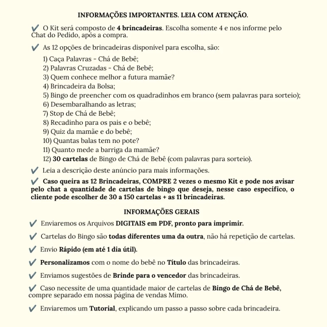 Kit 4 Brincadeiras Chá de Brincadeiras para Imprimir PDF Personalizado